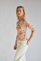 Summer Floral Mesh Long Sleeve Top